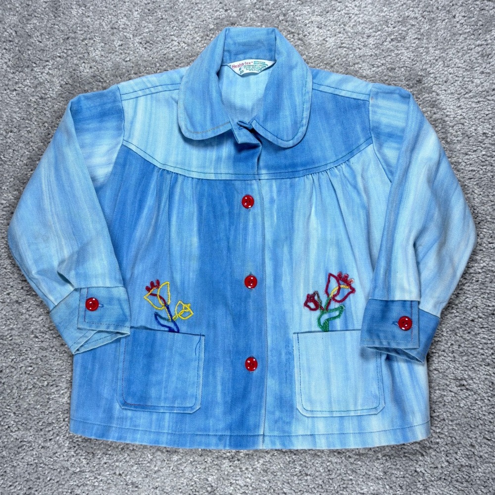 Vintage Health-tex Kids Blue Faded Denim Floral Embroidered Jacket Size 6 (READ)